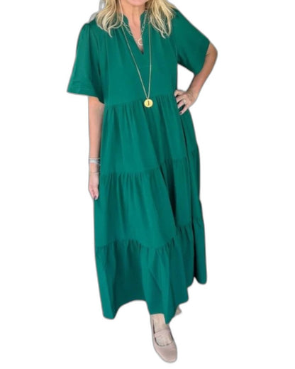 Effortless Green Midi Dress for Women with V Neck Short Sleeve Tiered Flowing Casual Style