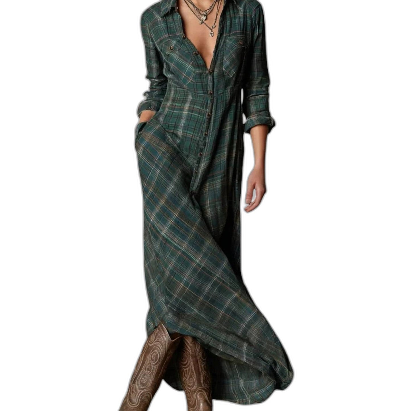 Effortless Green Plaid Maxi Dress for Women with Collared Long Sleeve Button Front Flowing Casual Style