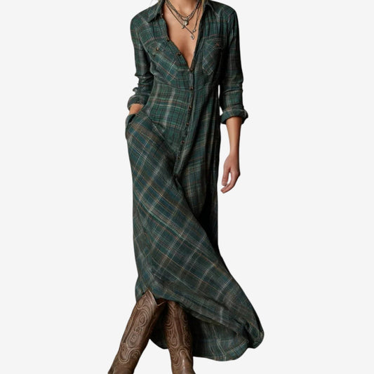 Effortless Green Plaid Maxi Dress for Women with Collared Long Sleeve Button Front Flowing Casual Style