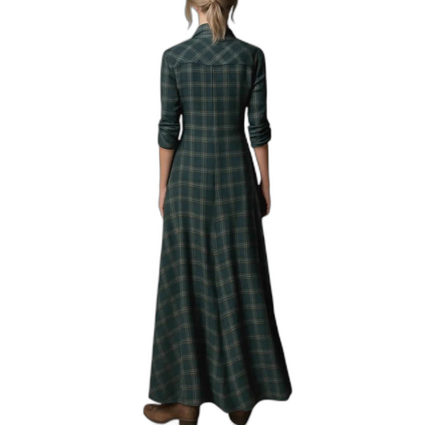 Effortless Green Plaid Maxi Dress for Women with Collared Long Sleeve Button Front Flowing Casual Style