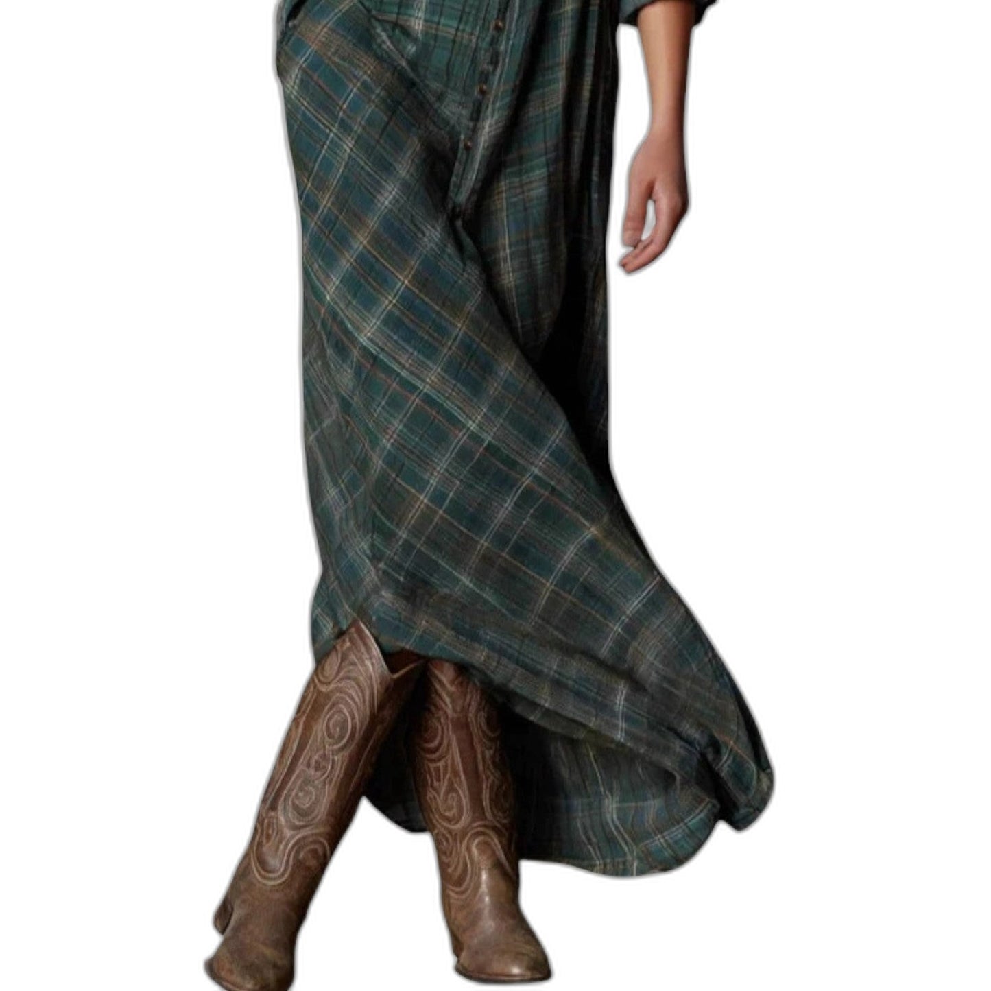 Effortless Green Plaid Maxi Dress for Women with Collared Long Sleeve Button Front Flowing Casual Style