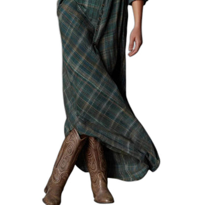 Effortless Green Plaid Maxi Dress for Women with Collared Long Sleeve Button Front Flowing Casual Style