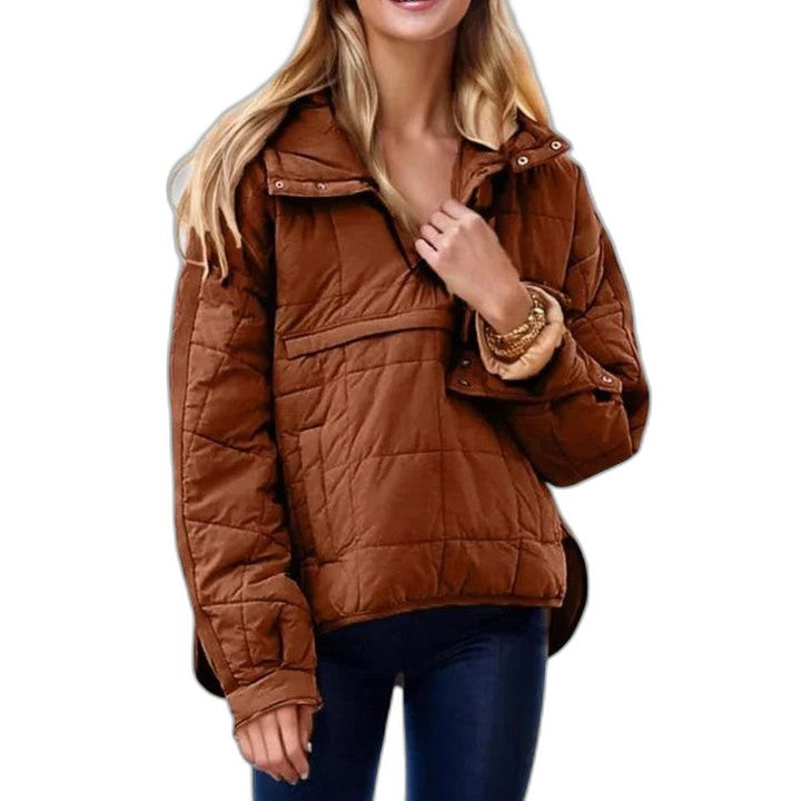 Effortless Green Puffer Jacket for Women with Collared Long Sleeve Pockets Quilted Casual Style