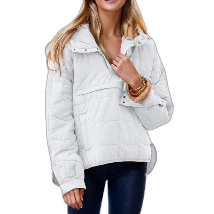 Effortless Green Puffer Jacket for Women with Collared Long Sleeve Pockets Quilted Casual Style