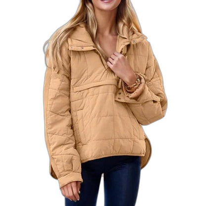 Effortless Green Puffer Jacket for Women with Collared Long Sleeve Pockets Quilted Casual Style