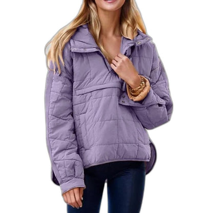 Effortless Green Puffer Jacket for Women with Collared Long Sleeve Pockets Quilted Casual Style