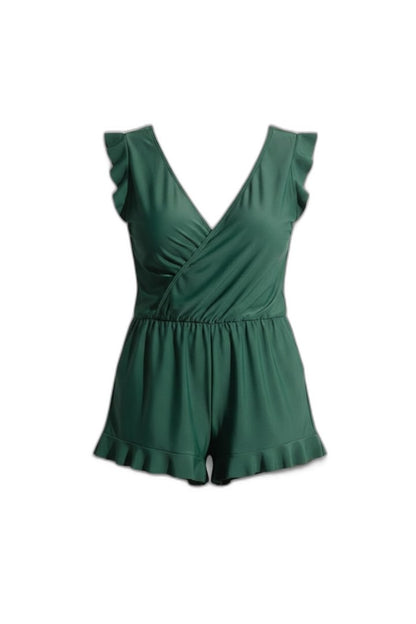 Effortless Green Romper for Women with V Neck Sleeveless Wrap Ruffle Pockets Casual Style