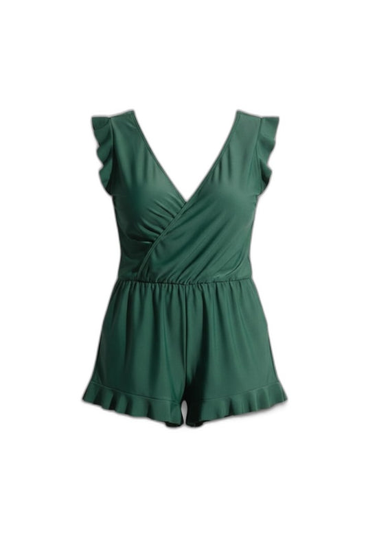 Effortless Green Romper for Women with V Neck Sleeveless Wrap Ruffle Pockets Casual Style