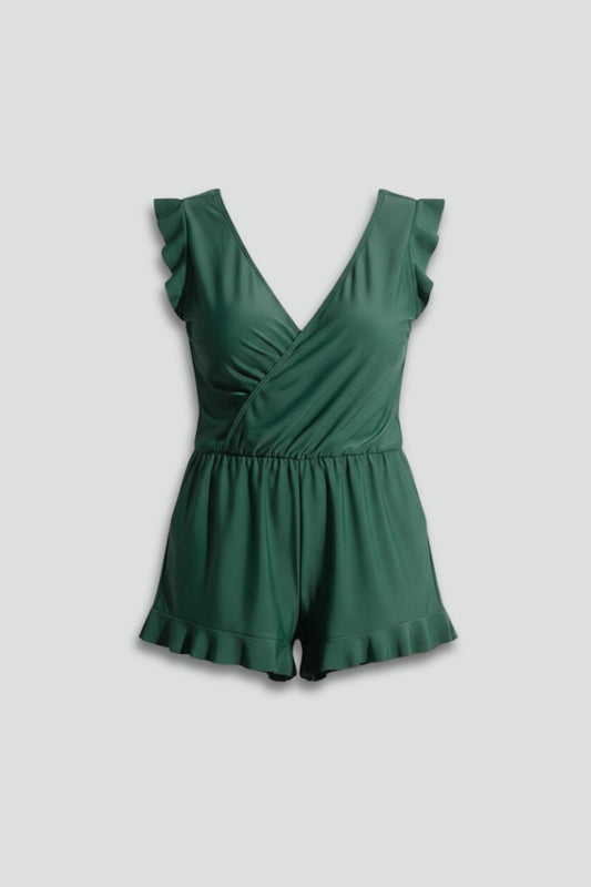 Effortless Green Romper for Women with V Neck Sleeveless Wrap Ruffle Pockets Casual Style