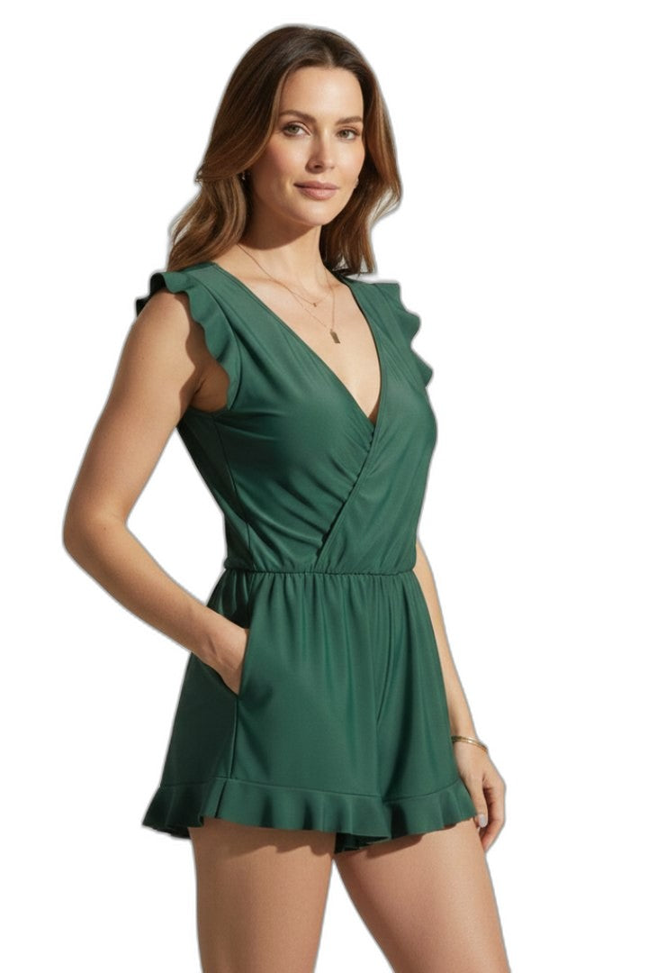 Effortless Green Romper for Women with V Neck Sleeveless Wrap Ruffle Pockets Casual Style
