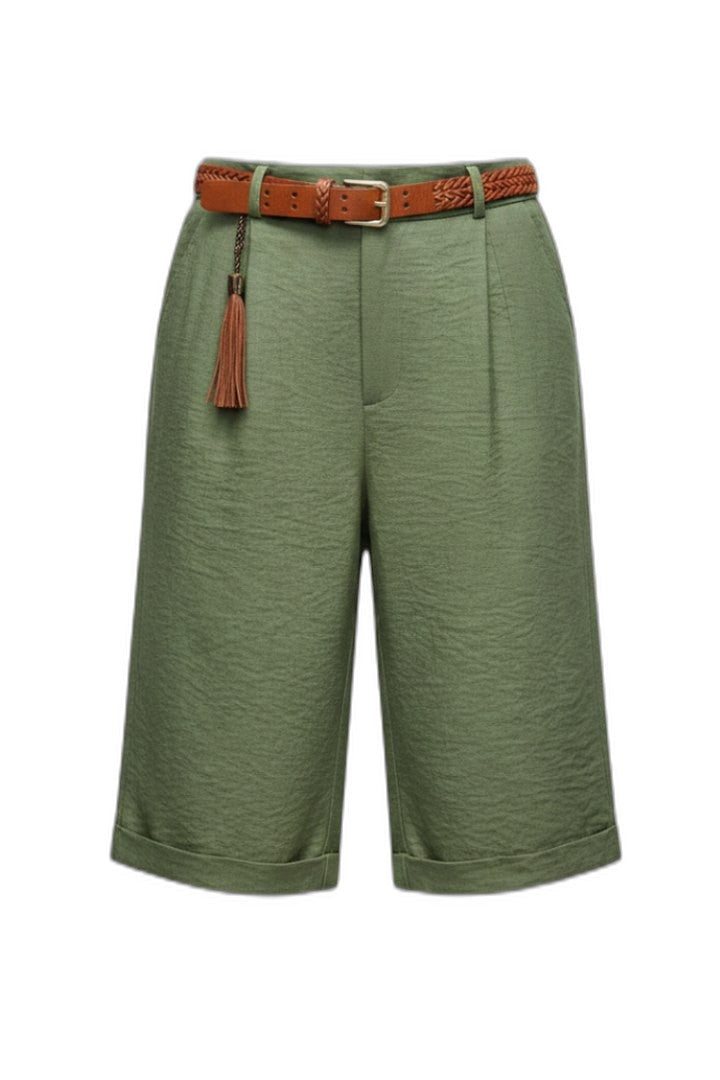 Effortless Green Shorts for Women with Belted High Waisted Pockets Casual Style