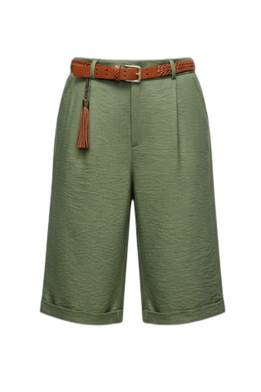 Effortless Green Shorts for Women with Belted High Waisted Pockets Casual Style