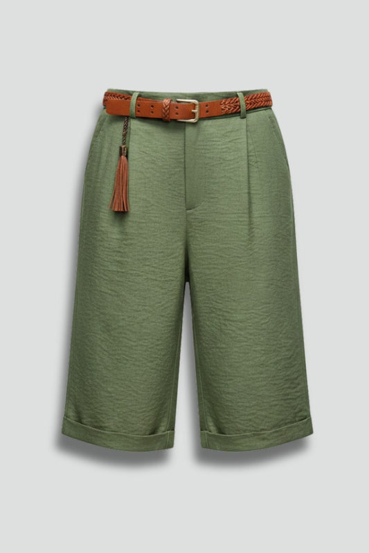 Effortless Green Shorts for Women with Belted High Waisted Pockets Casual Style
