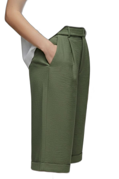 Effortless Green Shorts for Women with Belted High Waisted Pockets Casual Style