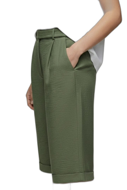 Effortless Green Shorts for Women with Belted High Waisted Pockets Casual Style