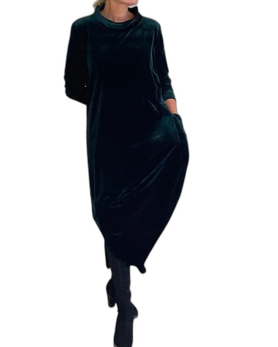 Effortless Green Velvet Midi Dress for Women with High Neck Long Sleeve Flowing Casual Style