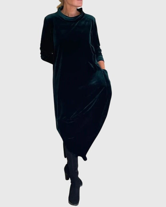 Effortless Green Velvet Midi Dress for Women with High Neck Long Sleeve Flowing Casual Style