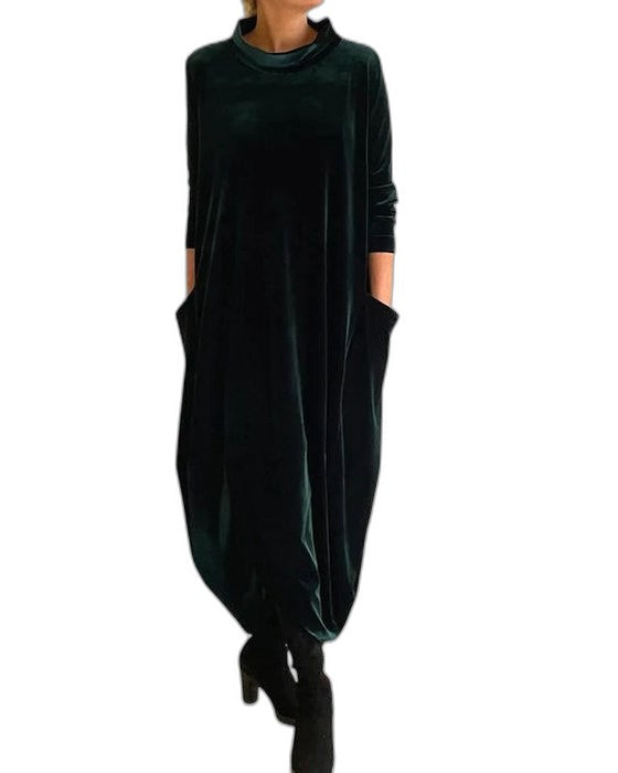 Effortless Green Velvet Midi Dress for Women with High Neck Long Sleeve Flowing Casual Style