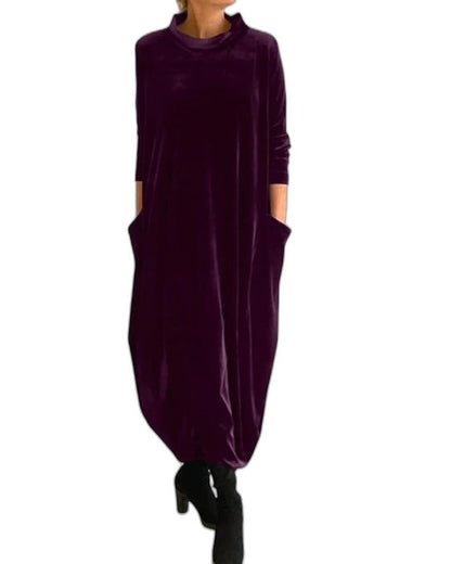 Effortless Green Velvet Midi Dress for Women with High Neck Long Sleeve Flowing Casual Style