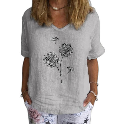 Effortless Grey Abstract Blouse for Women with V Neck Short Sleeve Flowing Oversized Casual Style