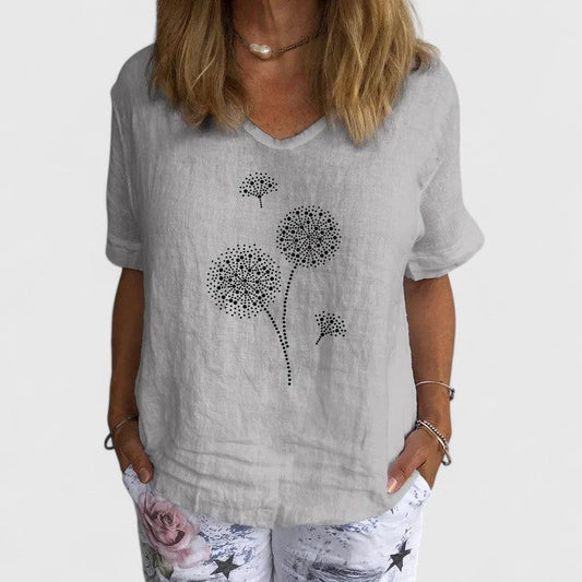 Effortless Grey Abstract Blouse for Women with V Neck Short Sleeve Flowing Oversized Casual Style