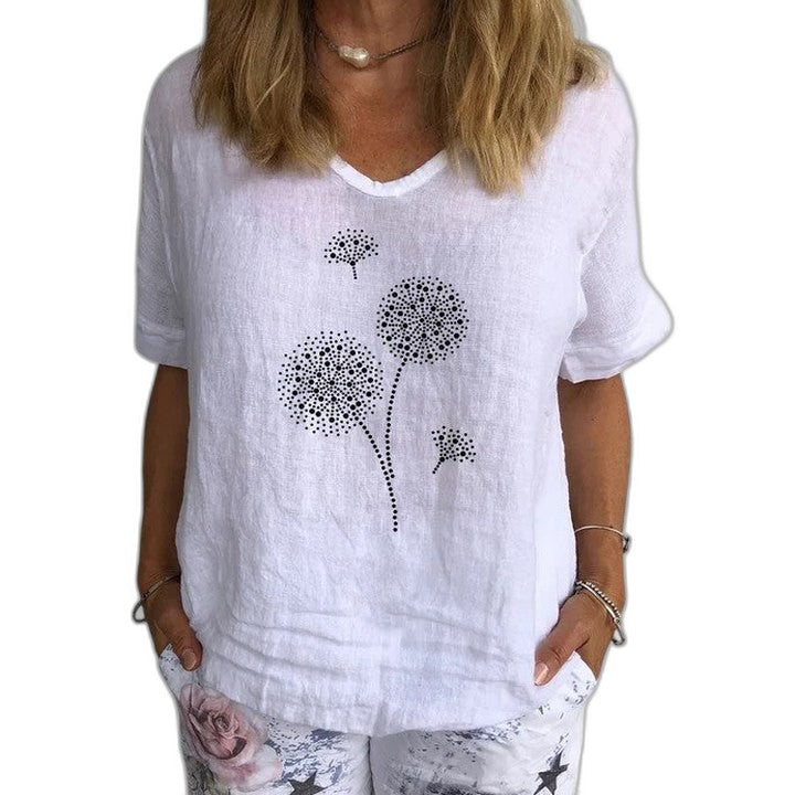 Effortless Grey Abstract Blouse for Women with V Neck Short Sleeve Flowing Oversized Casual Style