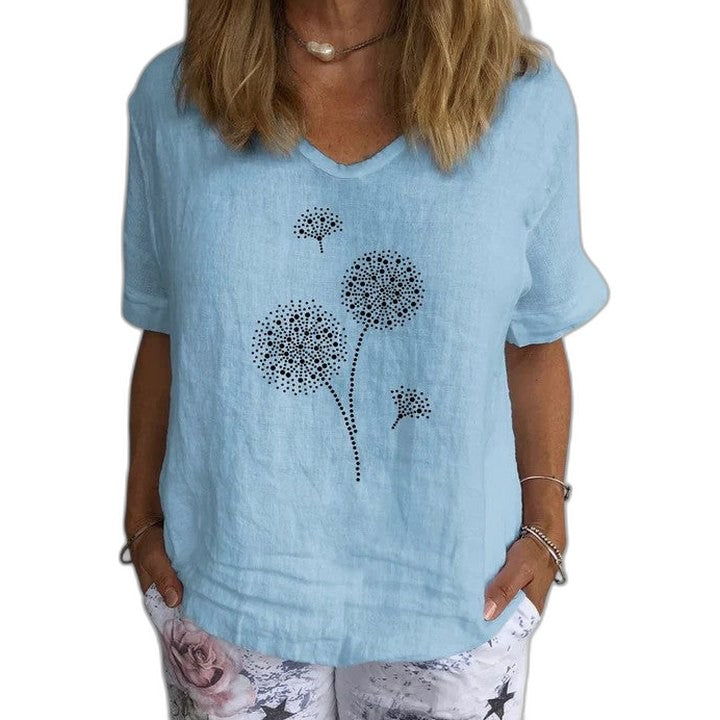 Effortless Grey Abstract Blouse for Women with V Neck Short Sleeve Flowing Oversized Casual Style