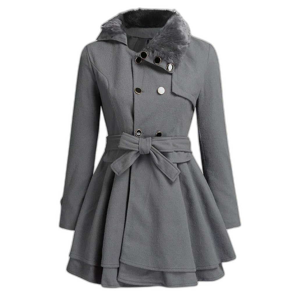 Effortless Grey Coat for Women with Collared Long Sleeve Button Front Belted Fit And Flare Casual Style