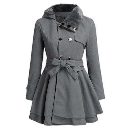 Effortless Grey Coat for Women with Collared Long Sleeve Button Front Belted Fit And Flare Casual Style