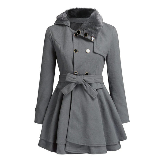 Effortless Grey Coat for Women with Collared Long Sleeve Button Front Belted Fit And Flare Casual Style