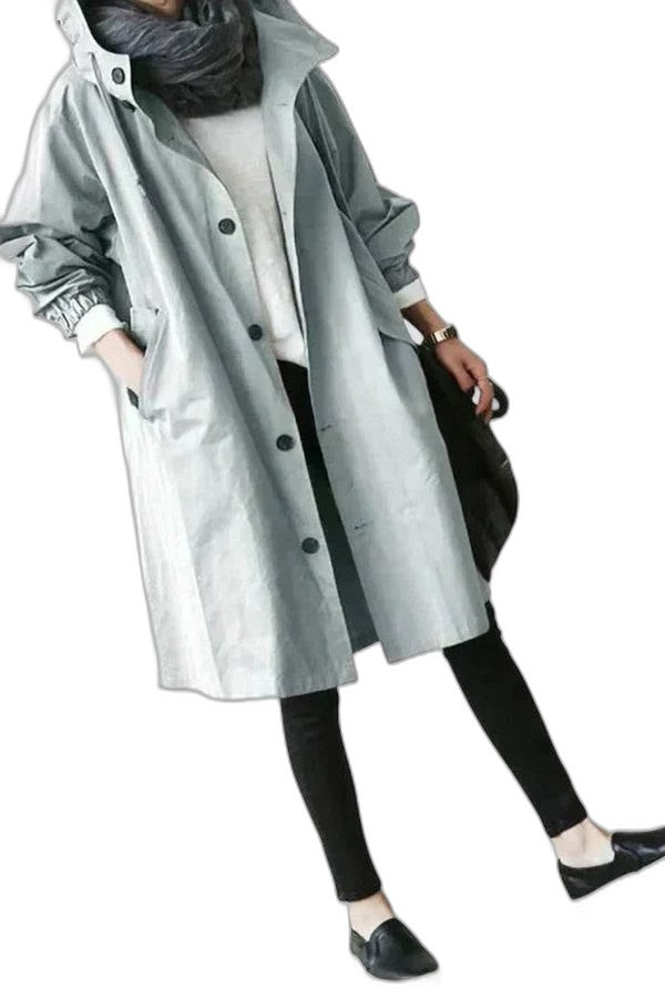 Effortless Grey Coat for Women with Collared Long Sleeve Button Front Oversized Pockets Casual Style