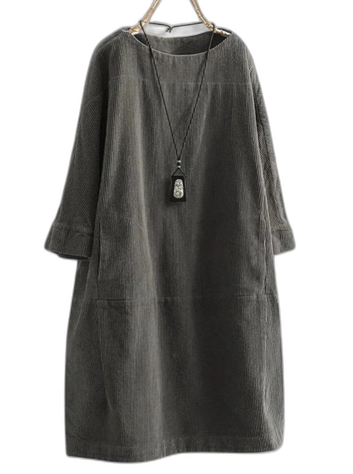 Effortless Grey Corduroy Midi Dress for Women with Crew Neck Long Sleeve A Line Pockets Casual Style