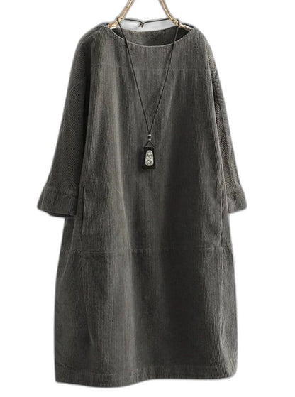 Effortless Grey Corduroy Midi Dress for Women with Crew Neck Long Sleeve A Line Pockets Casual Style