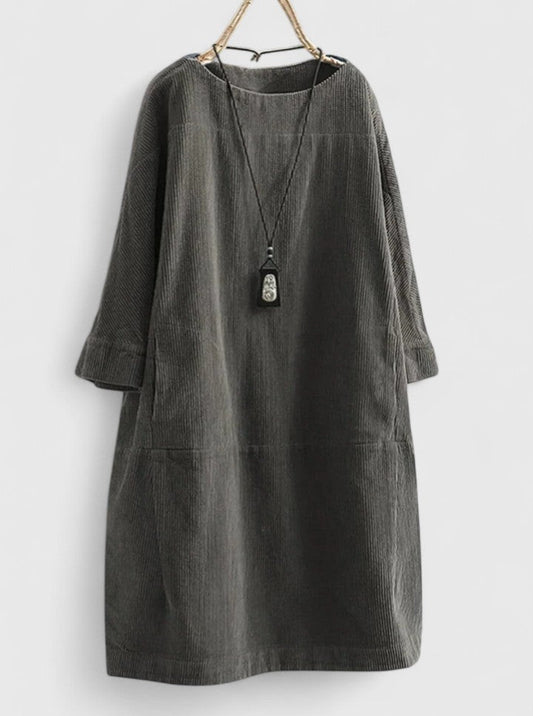 Effortless Grey Corduroy Midi Dress for Women with Crew Neck Long Sleeve A Line Pockets Casual Style