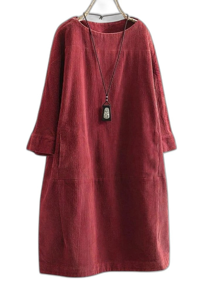 Effortless Grey Corduroy Midi Dress for Women with Crew Neck Long Sleeve A Line Pockets Casual Style
