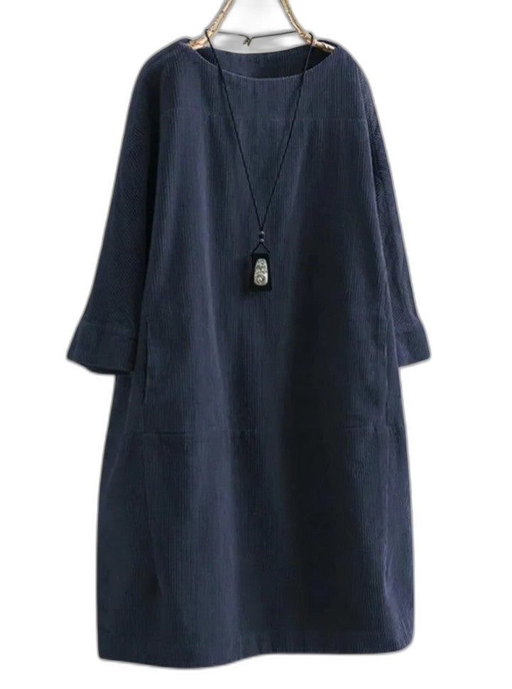 Effortless Grey Corduroy Midi Dress for Women with Crew Neck Long Sleeve A Line Pockets Casual Style