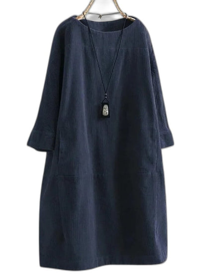 Effortless Grey Corduroy Midi Dress for Women with Crew Neck Long Sleeve A Line Pockets Casual Style