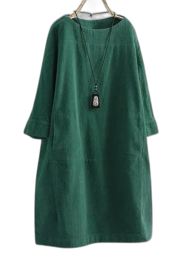 Effortless Grey Corduroy Midi Dress for Women with Crew Neck Long Sleeve A Line Pockets Casual Style