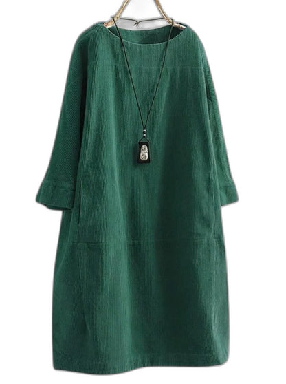 Effortless Grey Corduroy Midi Dress for Women with Crew Neck Long Sleeve A Line Pockets Casual Style