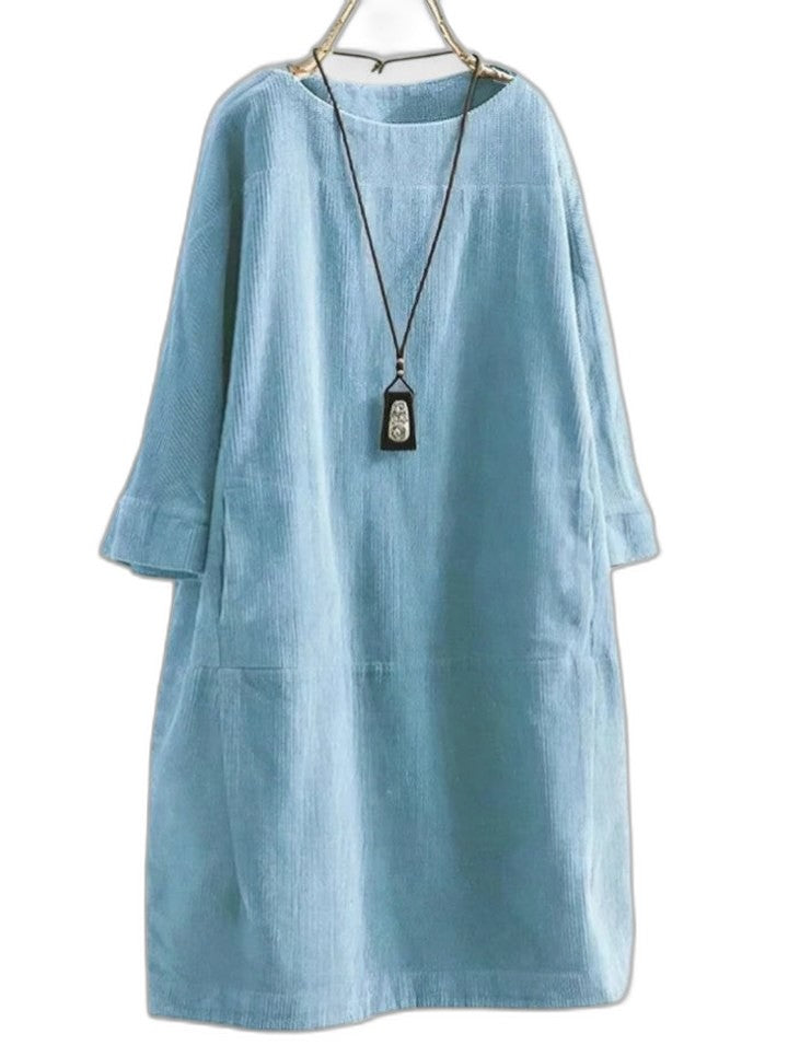 Effortless Grey Corduroy Midi Dress for Women with Crew Neck Long Sleeve A Line Pockets Casual Style
