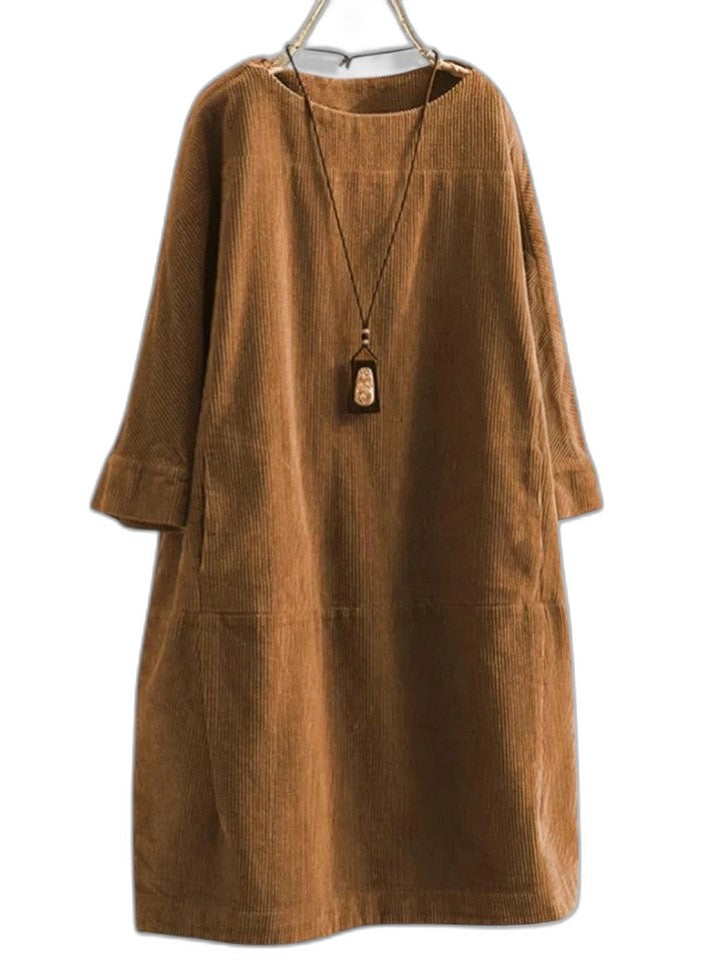 Effortless Grey Corduroy Midi Dress for Women with Crew Neck Long Sleeve A Line Pockets Casual Style