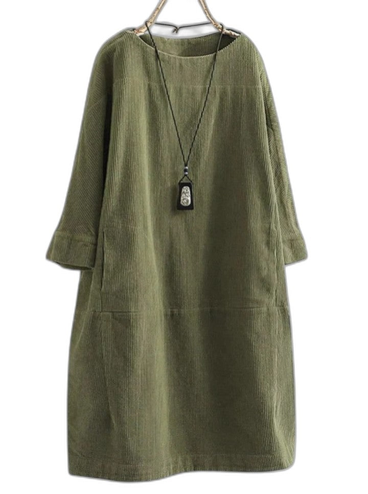 Effortless Grey Corduroy Midi Dress for Women with Crew Neck Long Sleeve A Line Pockets Casual Style