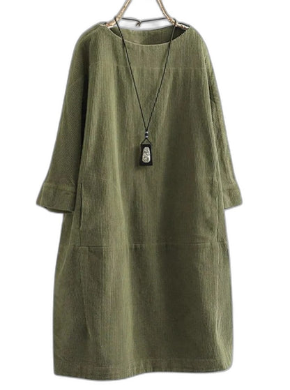 Effortless Grey Corduroy Midi Dress for Women with Crew Neck Long Sleeve A Line Pockets Casual Style