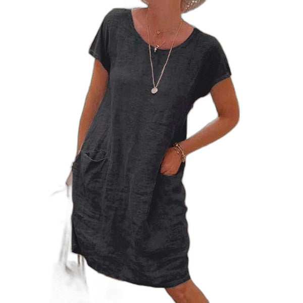 Effortless Grey Cotton Midi Dress for Women with Crew Neck Short Sleeve Straight Leg Pockets Casual Style