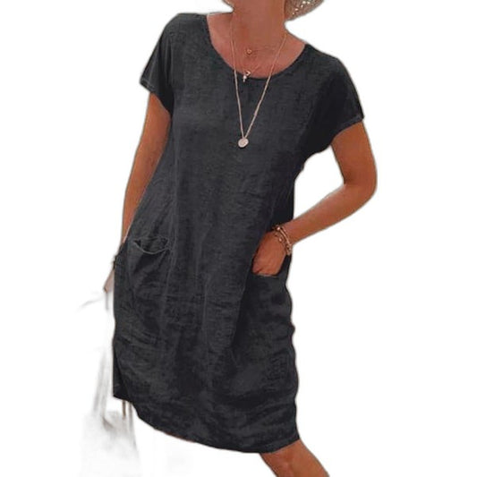 Effortless Grey Cotton Midi Dress for Women with Crew Neck Short Sleeve Straight Leg Pockets Casual Style