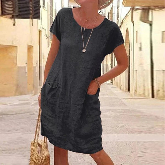 Effortless Grey Cotton Midi Dress for Women with Crew Neck Short Sleeve Straight Leg Pockets Casual Style