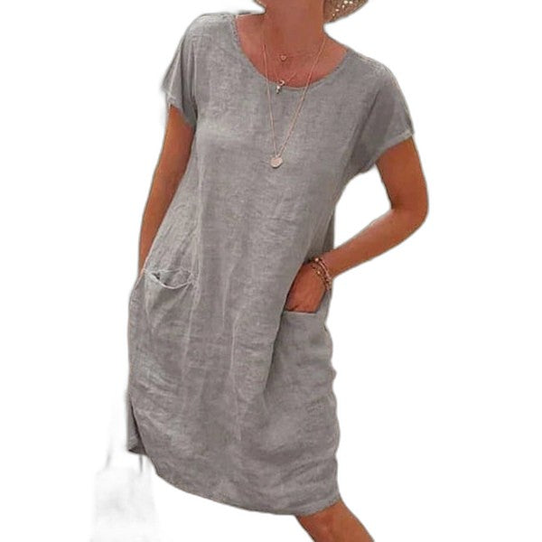 Effortless Grey Cotton Midi Dress for Women with Crew Neck Short Sleeve Straight Leg Pockets Casual Style