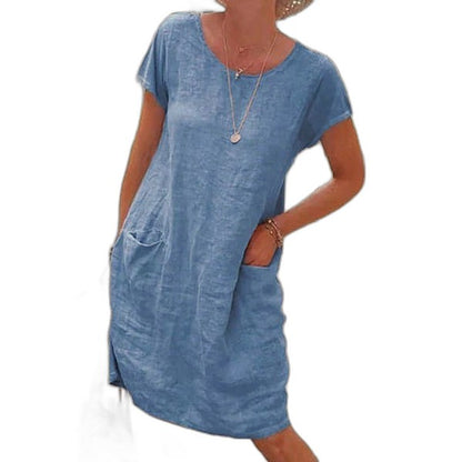 Effortless Grey Cotton Midi Dress for Women with Crew Neck Short Sleeve Straight Leg Pockets Casual Style