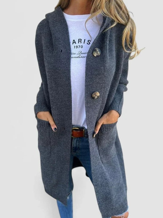 Effortless Grey Knit Cardigan for Women with Collared Long Sleeve Button Front Oversized Pockets Casual Style