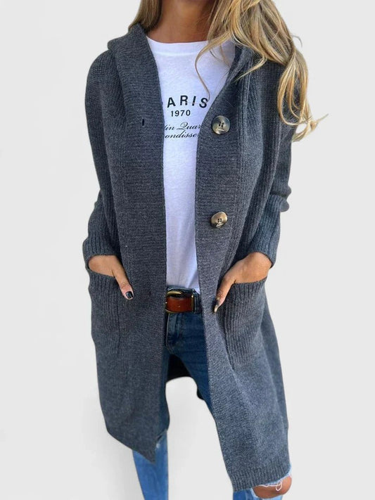Effortless Grey Knit Cardigan for Women with Collared Long Sleeve Button Front Oversized Pockets Casual Style
